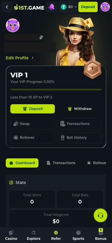 The 1st.game profile screen with account ID, assigned username and VIP progress