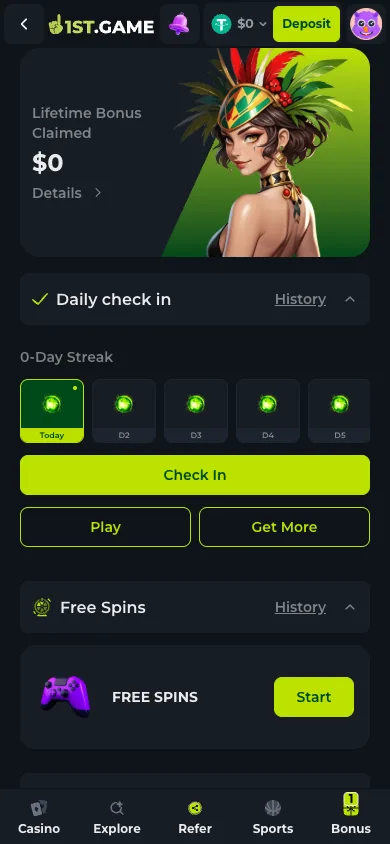 The bonus screen on a new account with the daily check-in calendar