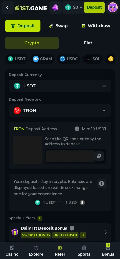 The 1st.game Finance screen on the Deposit tab with the crypto coin list