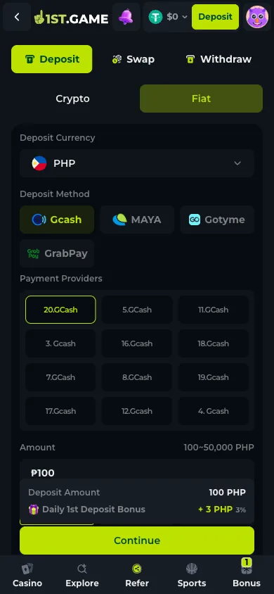 The 1st.game fiat deposit screen showing local currency and wallet options