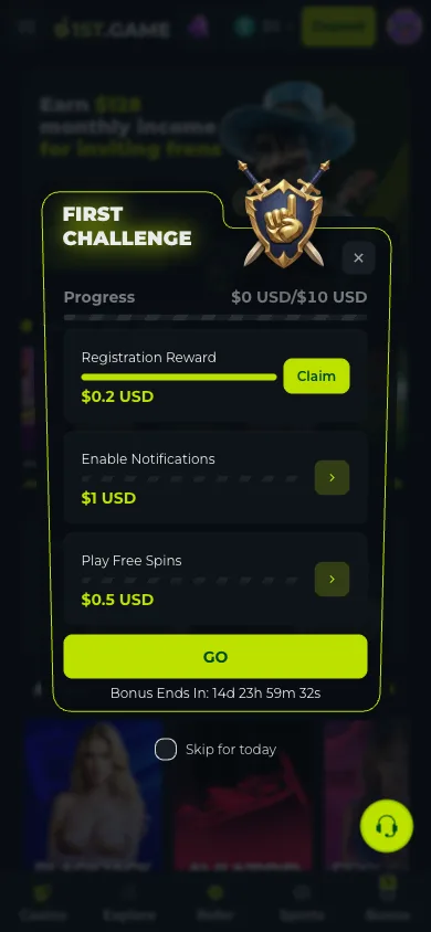 First Challenge task panel shown immediately after 1st.game registration