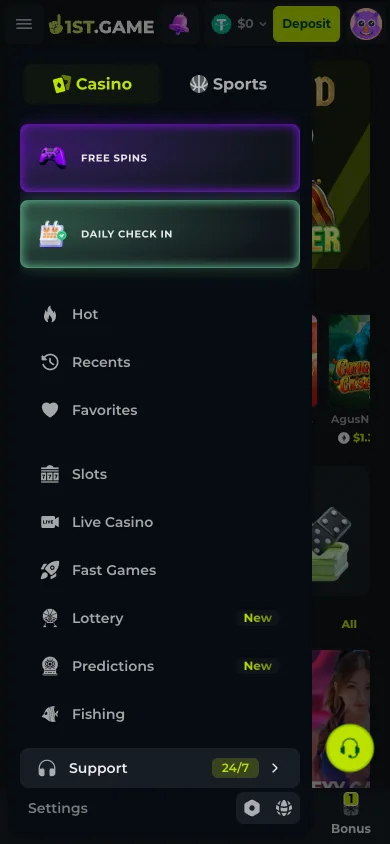 The 1st.game side drawer listing the casino categories