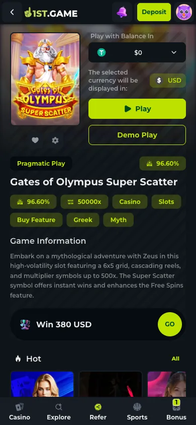 A slot page showing its RTP chip, max win multiplier and a Demo Play button