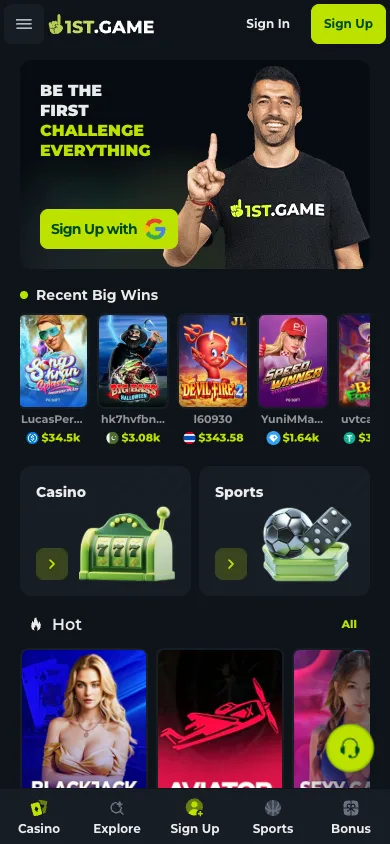 The 1st.game lobby before login, header showing Sign In and Sign Up buttons