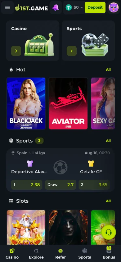 The 1st.game lobby scroll with slot shelves and a live-odds sports strip
