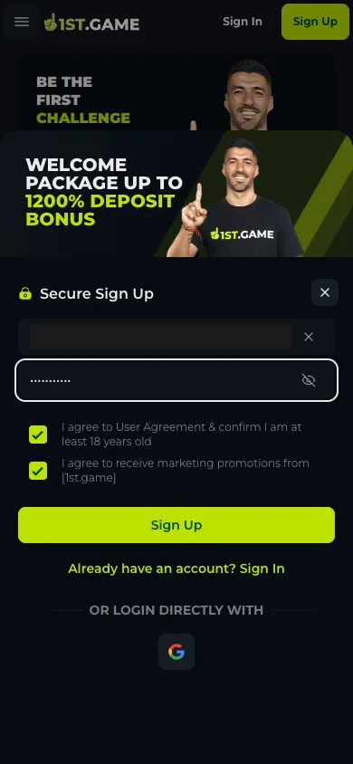 The Secure Sign Up panel at 1st.game with both fields completed