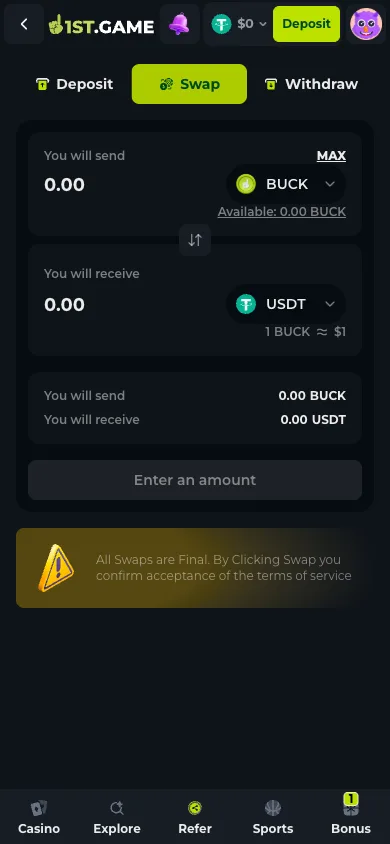 The 1st.game Swap tab showing internal conversion between held coins