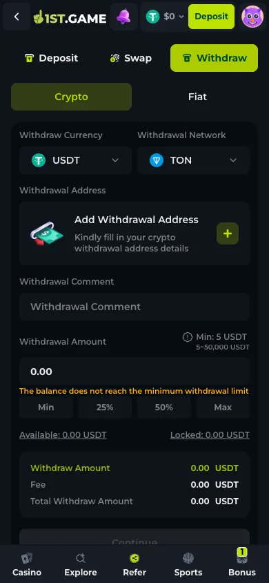 The withdrawal tab at 1st.game showing the amount field, the fee line and the balance rows